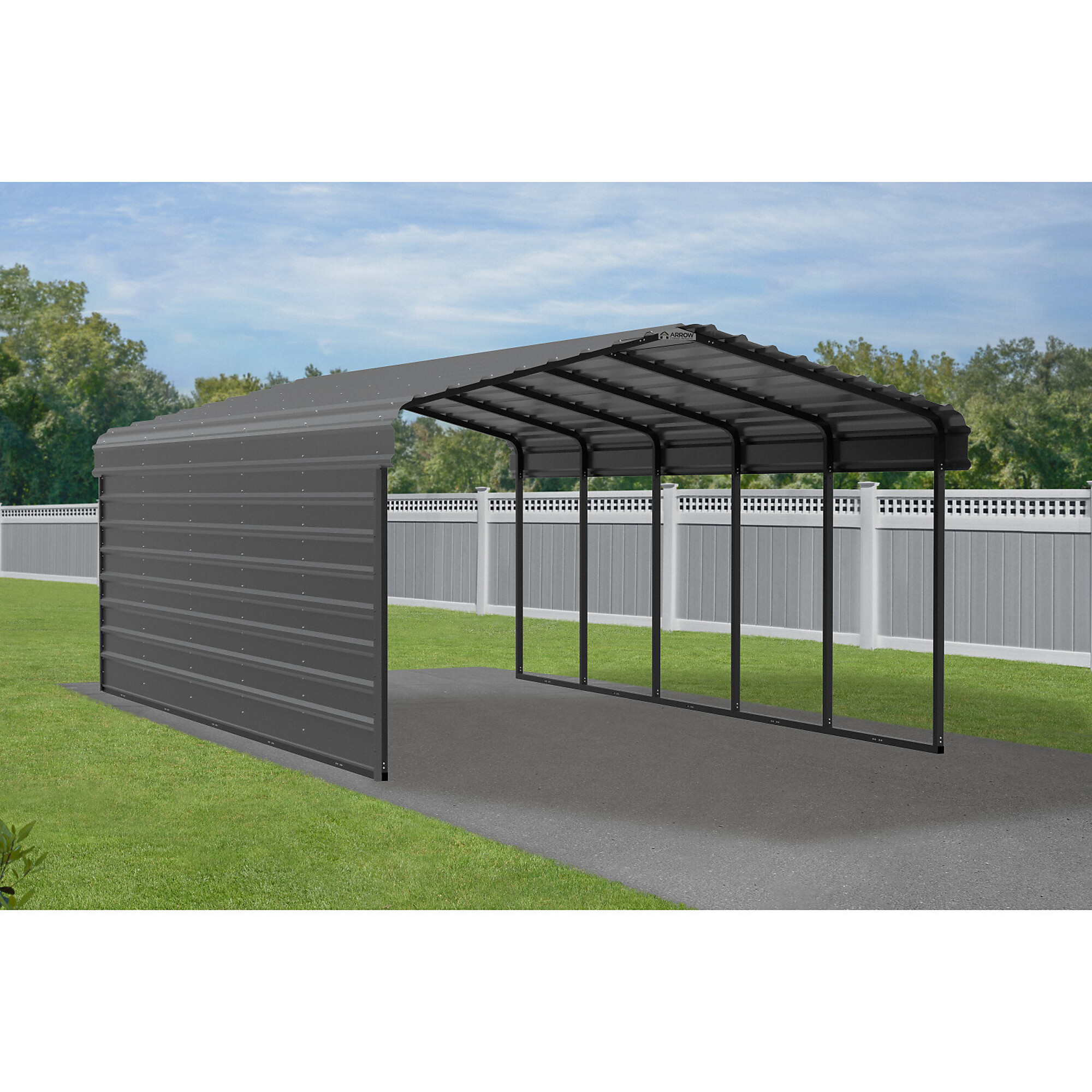 Arrow, Steel Carport w/ 1 Side Wall Kit 12X24X7 Width 146 in, Height 102 in, Cover Material Steel, Model# CPHC122407ECL1